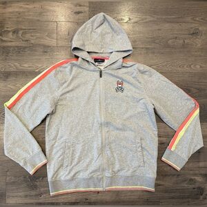 Psycho Bunny Heather Gray Hoodie with Pink and Yellow Stripes on Arm. Size XL.